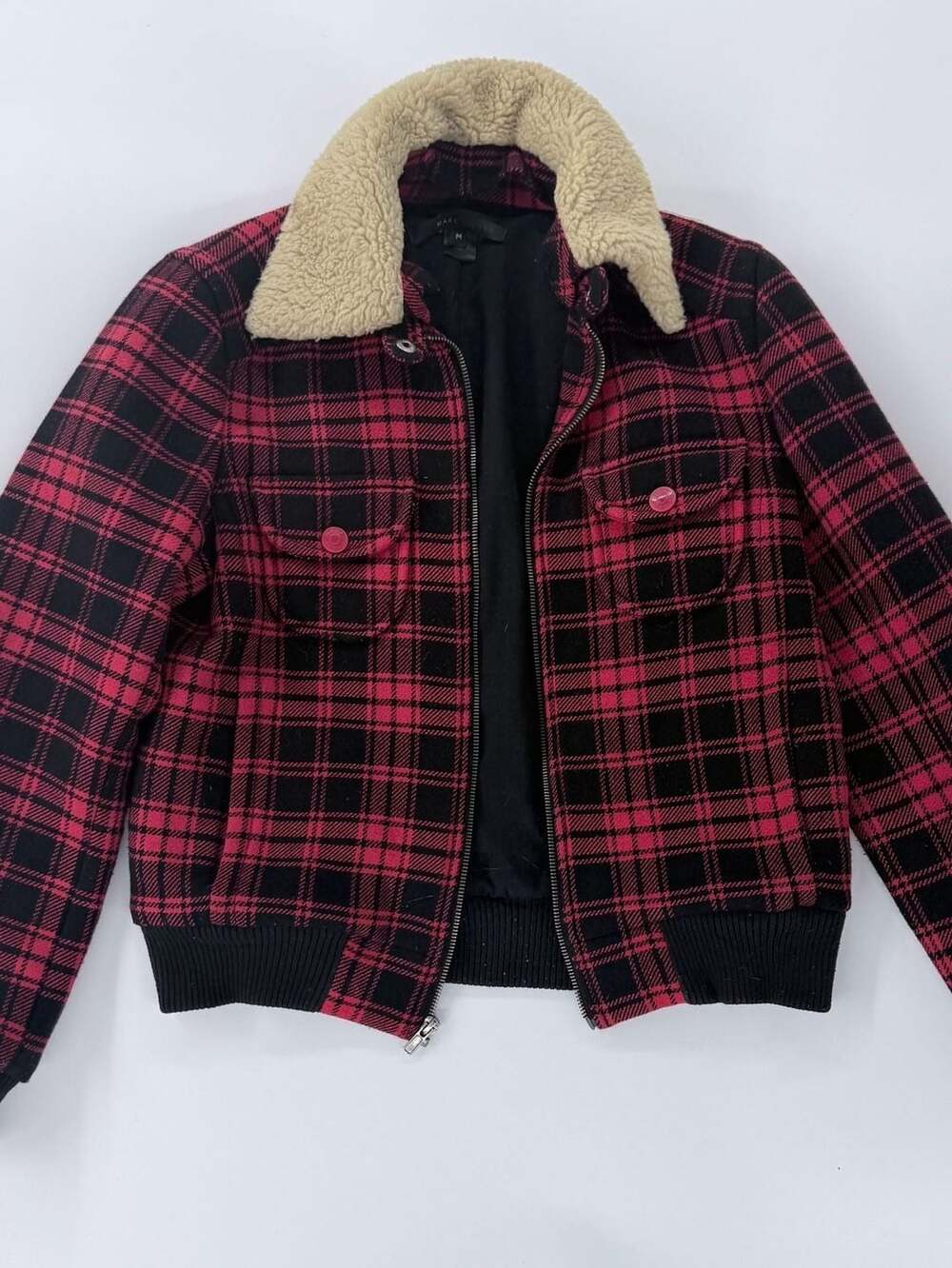 Marc Jacobs Red Plaid Wool Shearling Bomber Jacket Size M